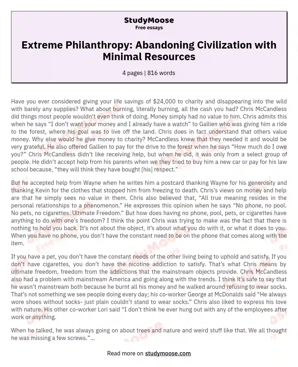 Extreme Philanthropy: Abandoning Civilization with Minimal Resources essay