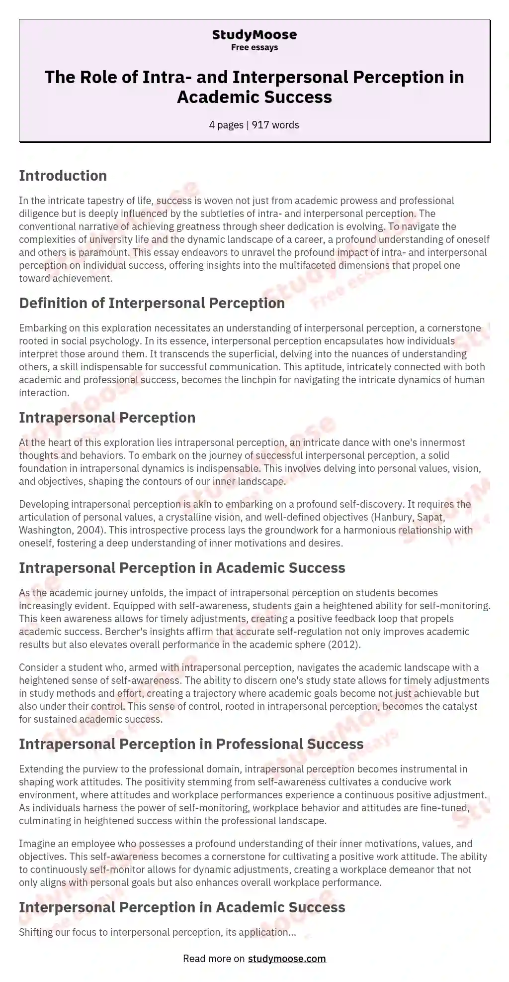 The Role of Intra- and Interpersonal Perception in Academic Success essay