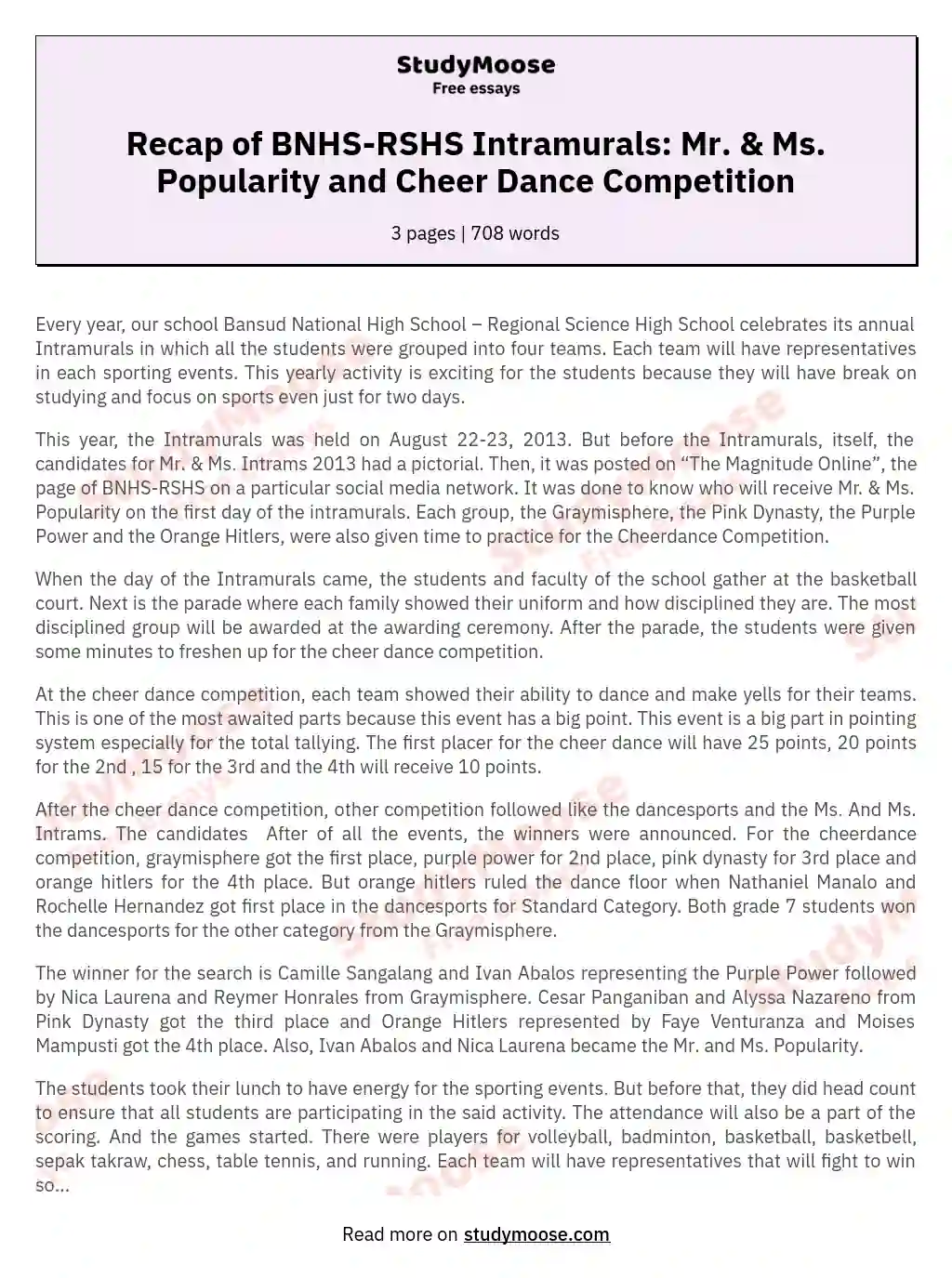 Recap of BNHS-RSHS Intramurals: Mr. & Ms. Popularity and Cheer Dance Competition essay