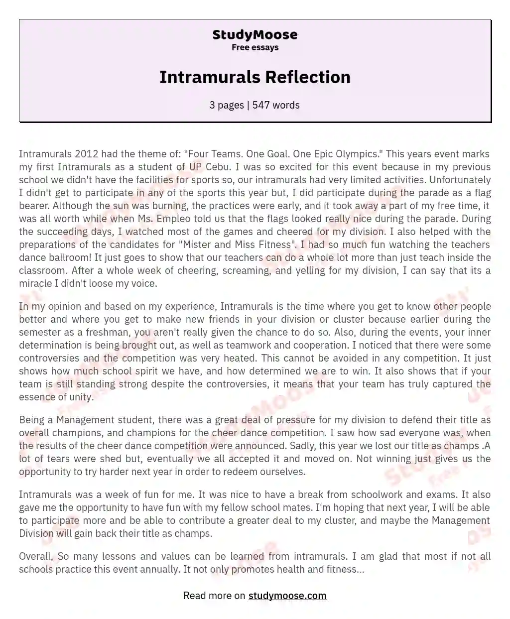 Intramurals Reflection essay