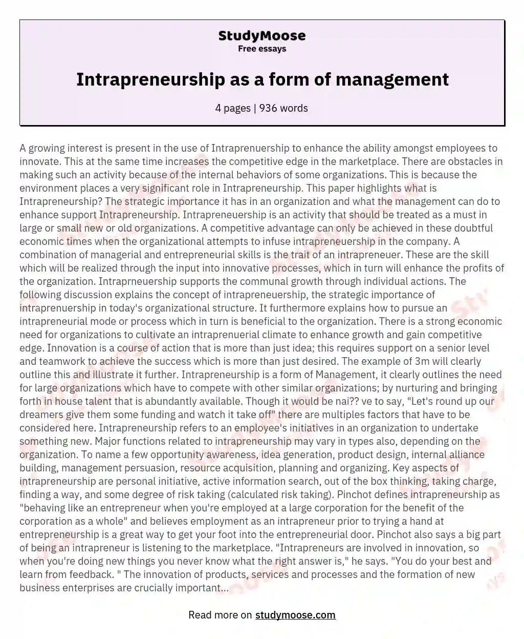 Intrapreneurship as a form of management essay