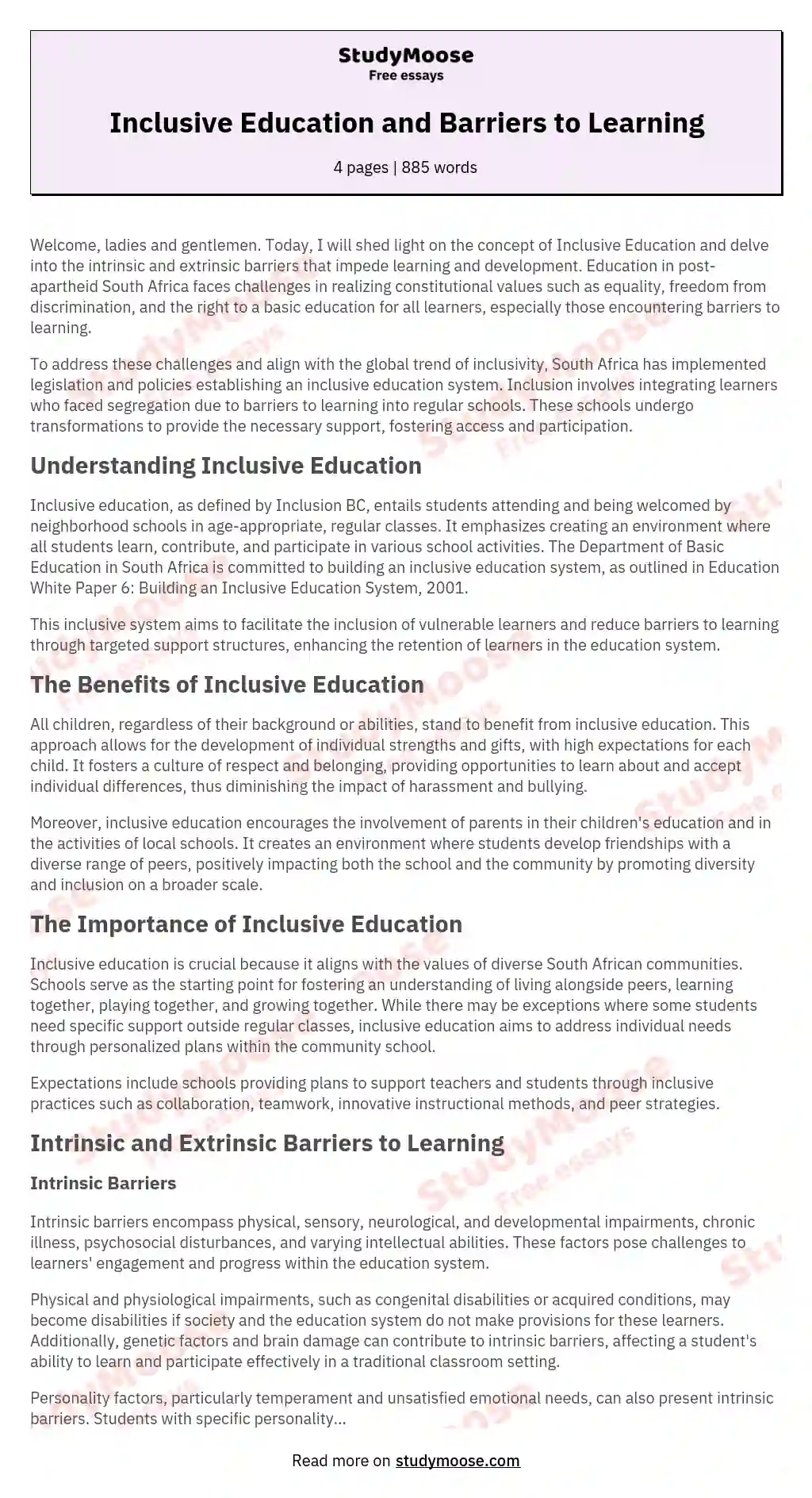 Intrinsic and Extrinsic Barriers in Education