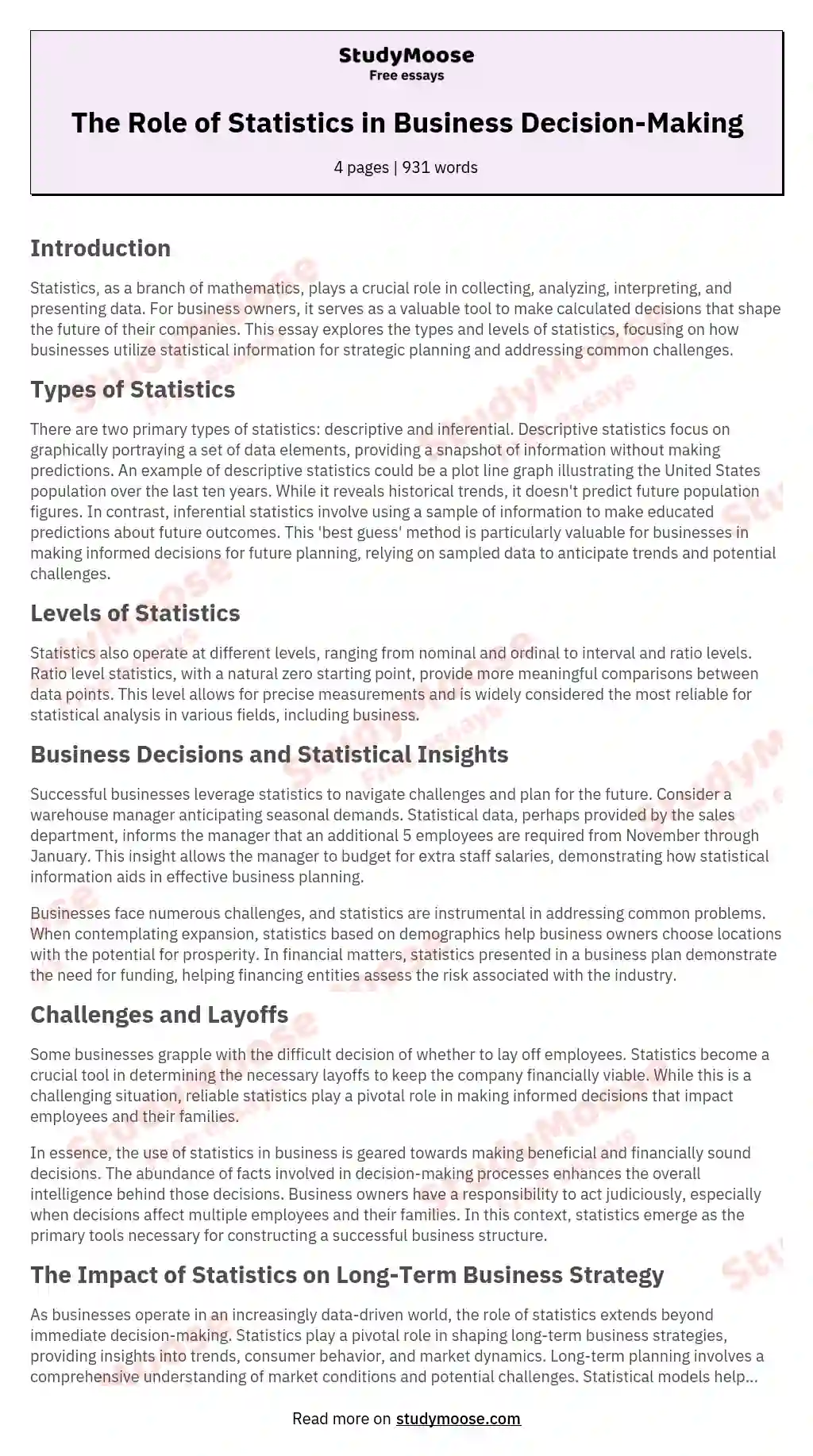 The Role of Statistics in Business Decision-Making essay