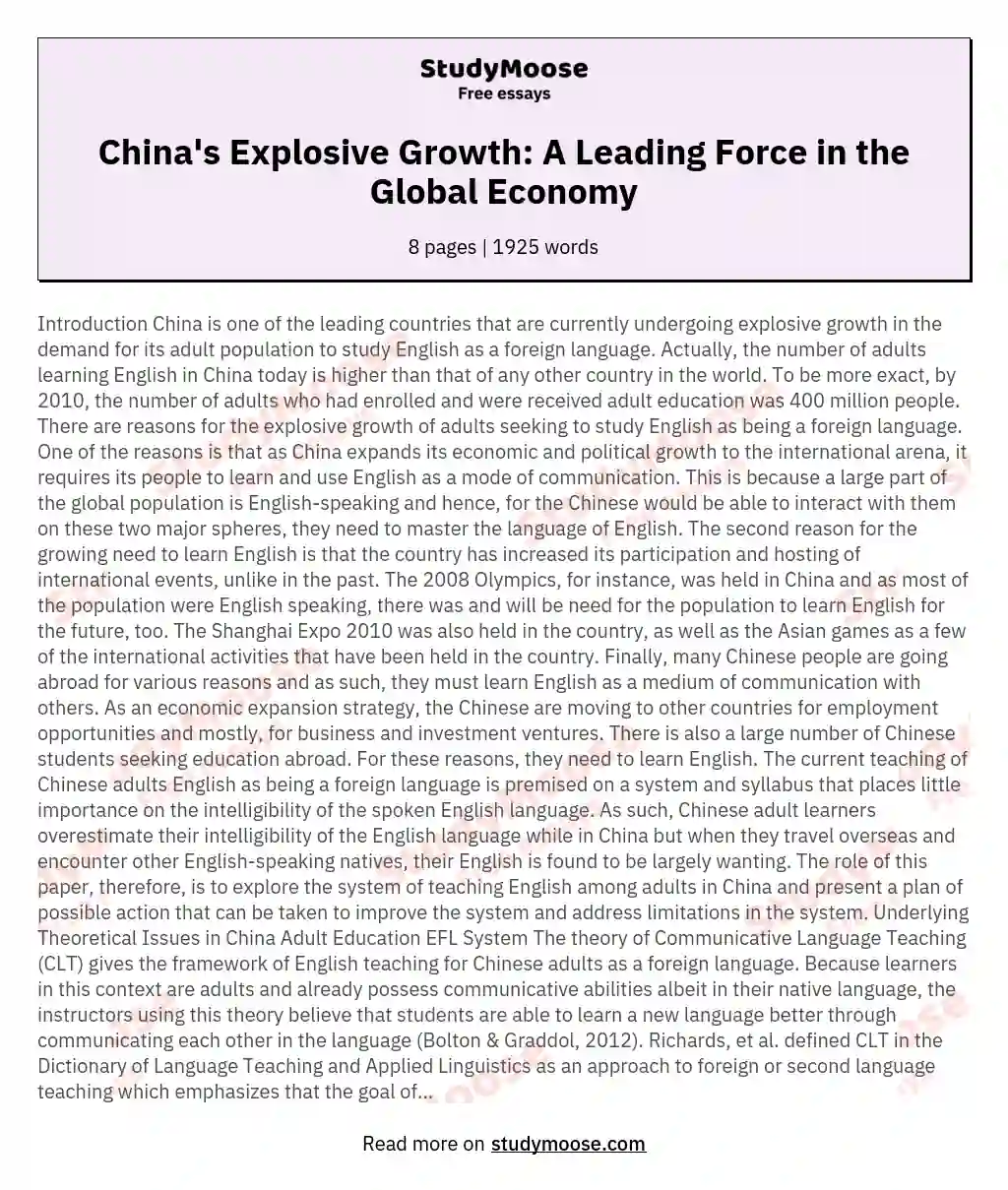 China's Explosive Growth: A Leading Force in the Global Economy essay