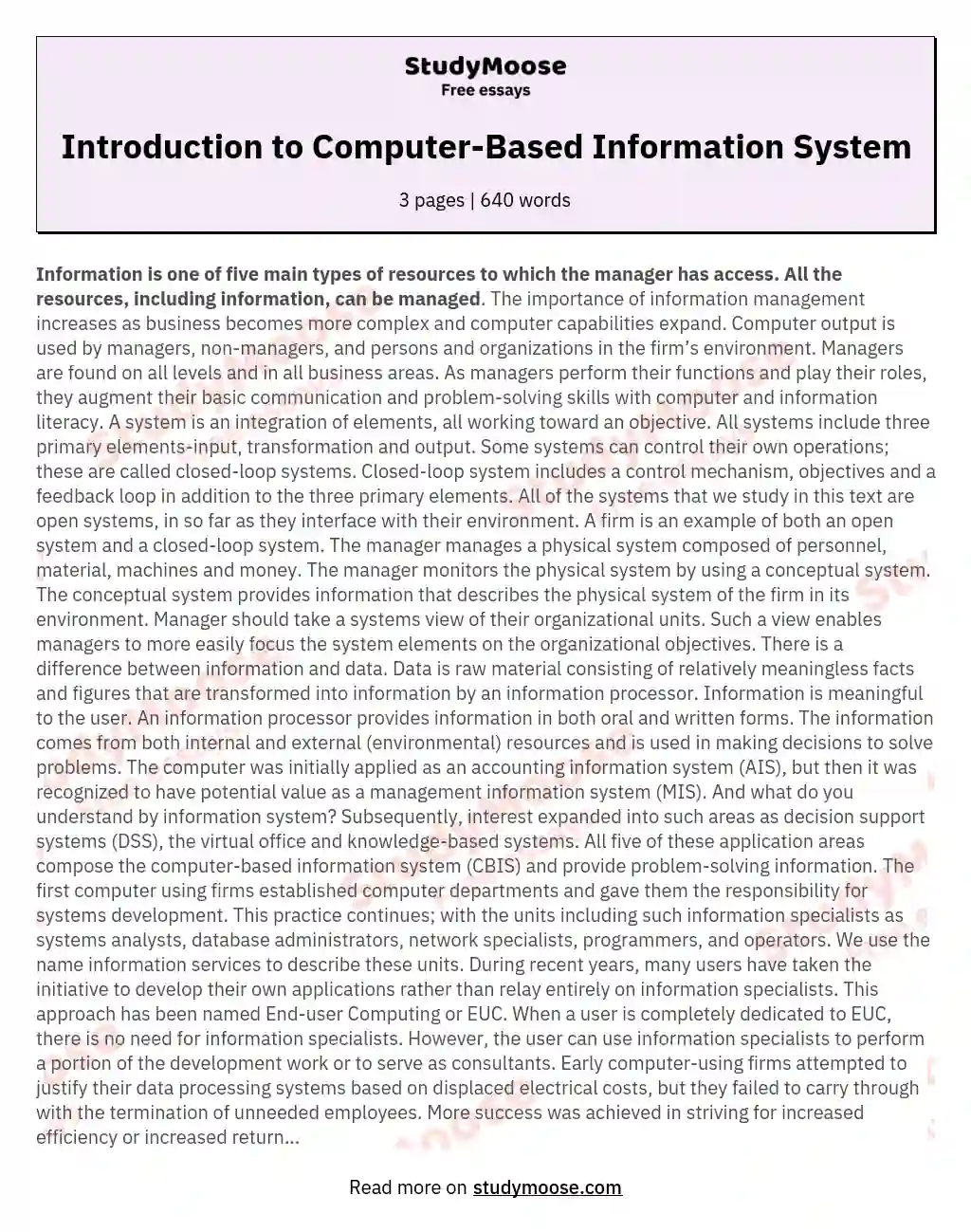 Introduction to Computer-Based Information System essay