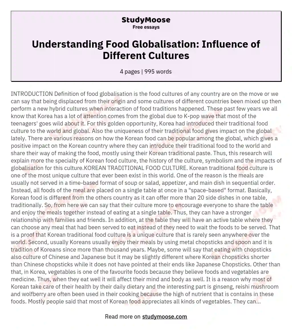 Understanding Food Globalisation: Influence of Different Cultures essay