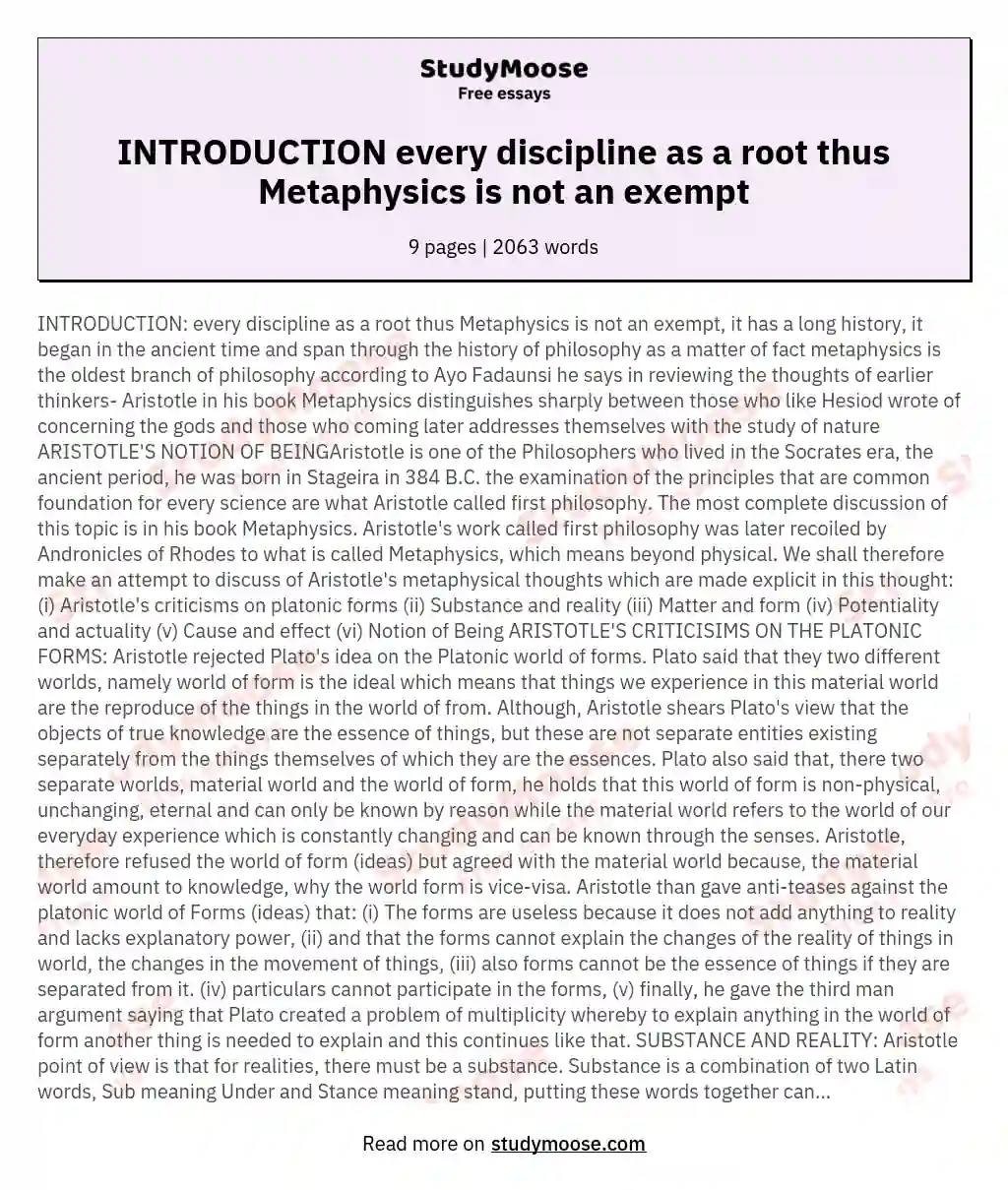 INTRODUCTION every discipline as a root thus Metaphysics is not an exempt