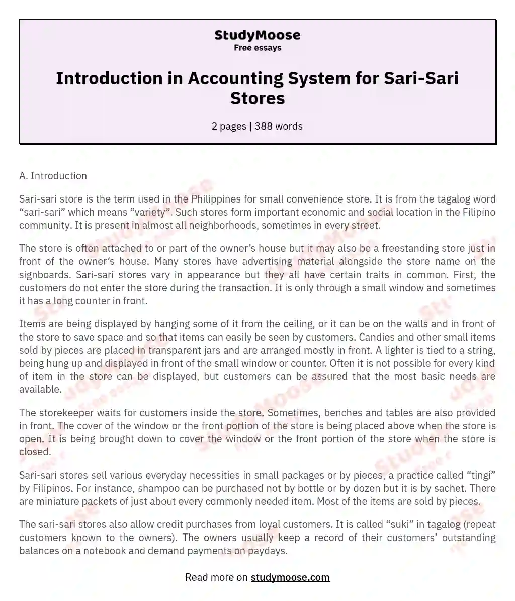 Introduction in Accounting System for Sari-Sari Stores essay