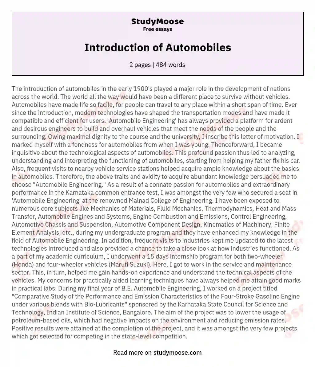 Introduction of Automobiles essay