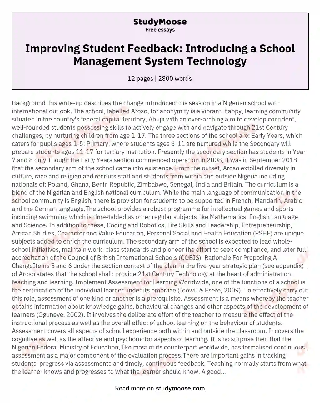 Improving Student Feedback: Introducing a School Management System Technology essay