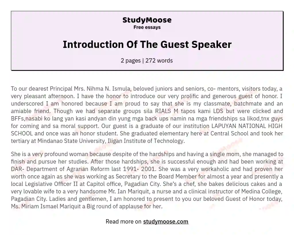 Introduction Of The Guest Speaker essay