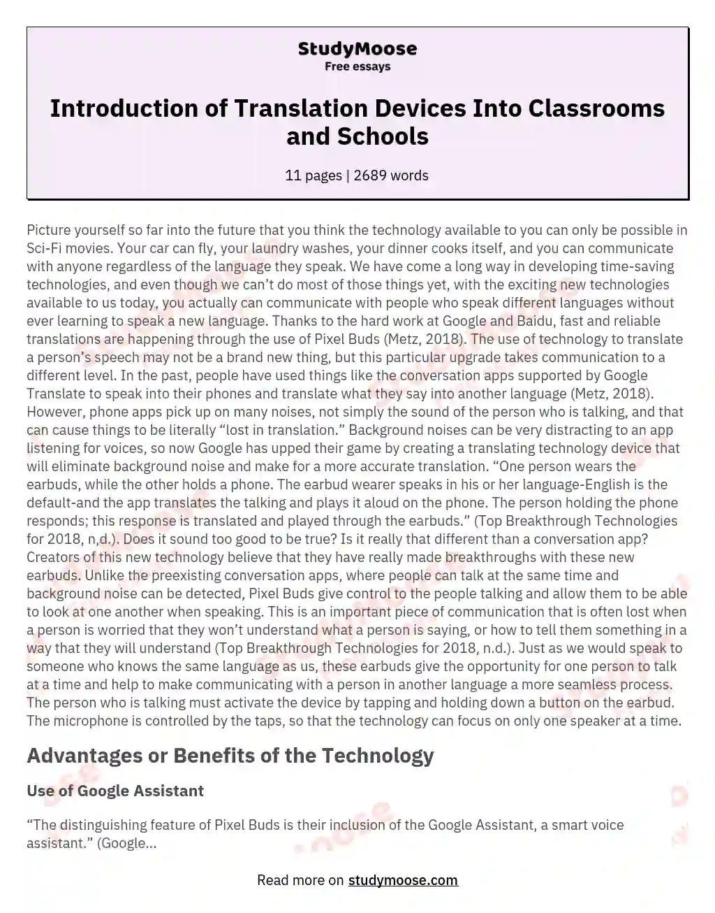 Introduction of Translation Devices Into Classrooms and Schools essay