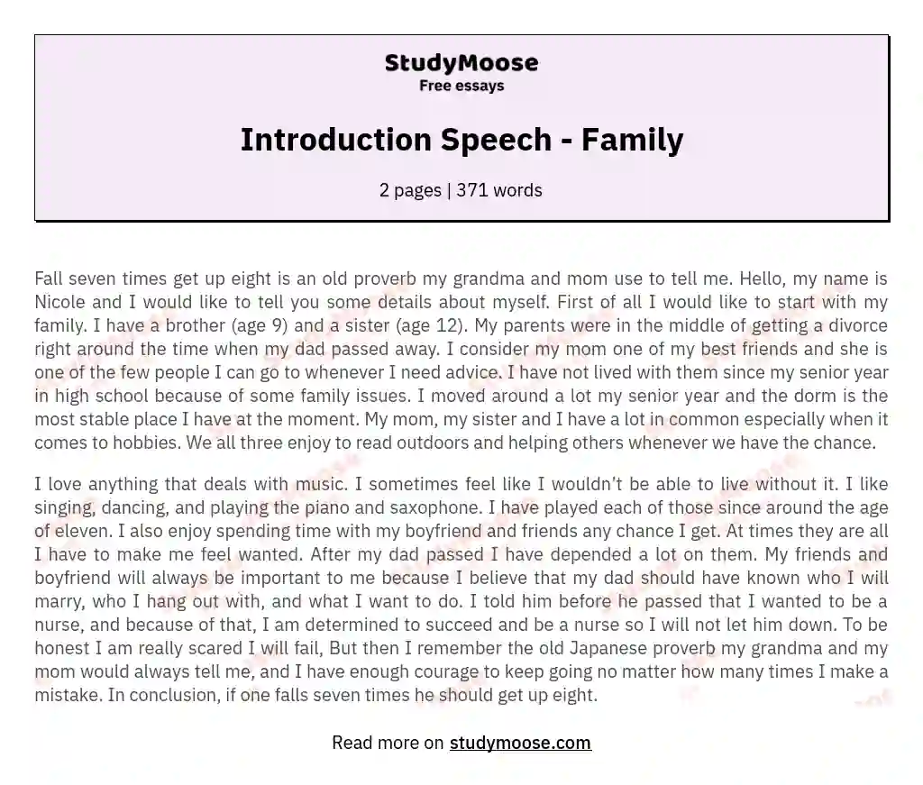 Introduction Speech - Family essay