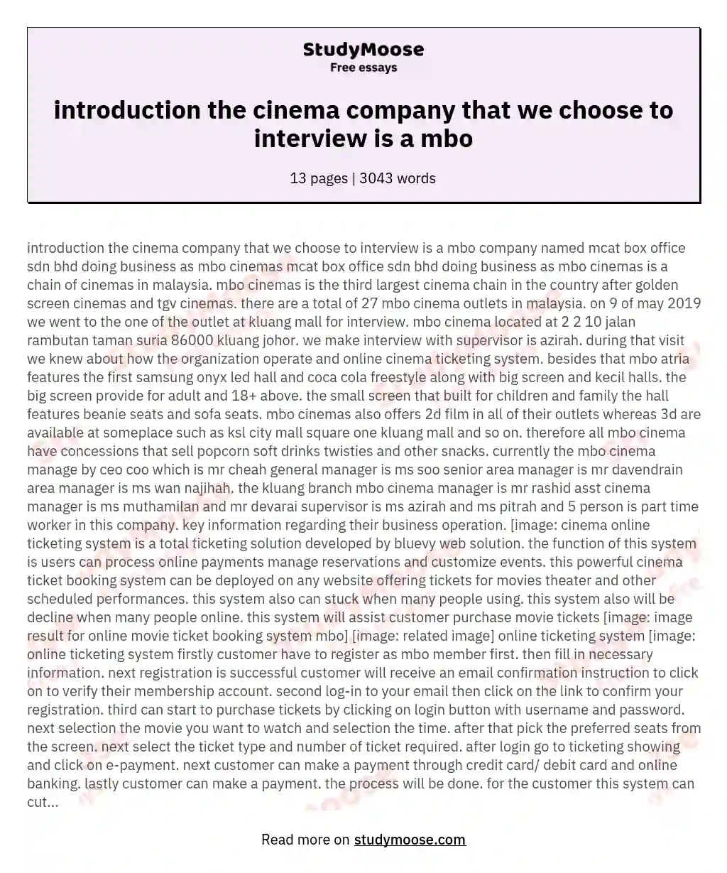 introduction the cinema company that we choose to interview is a mbo essay