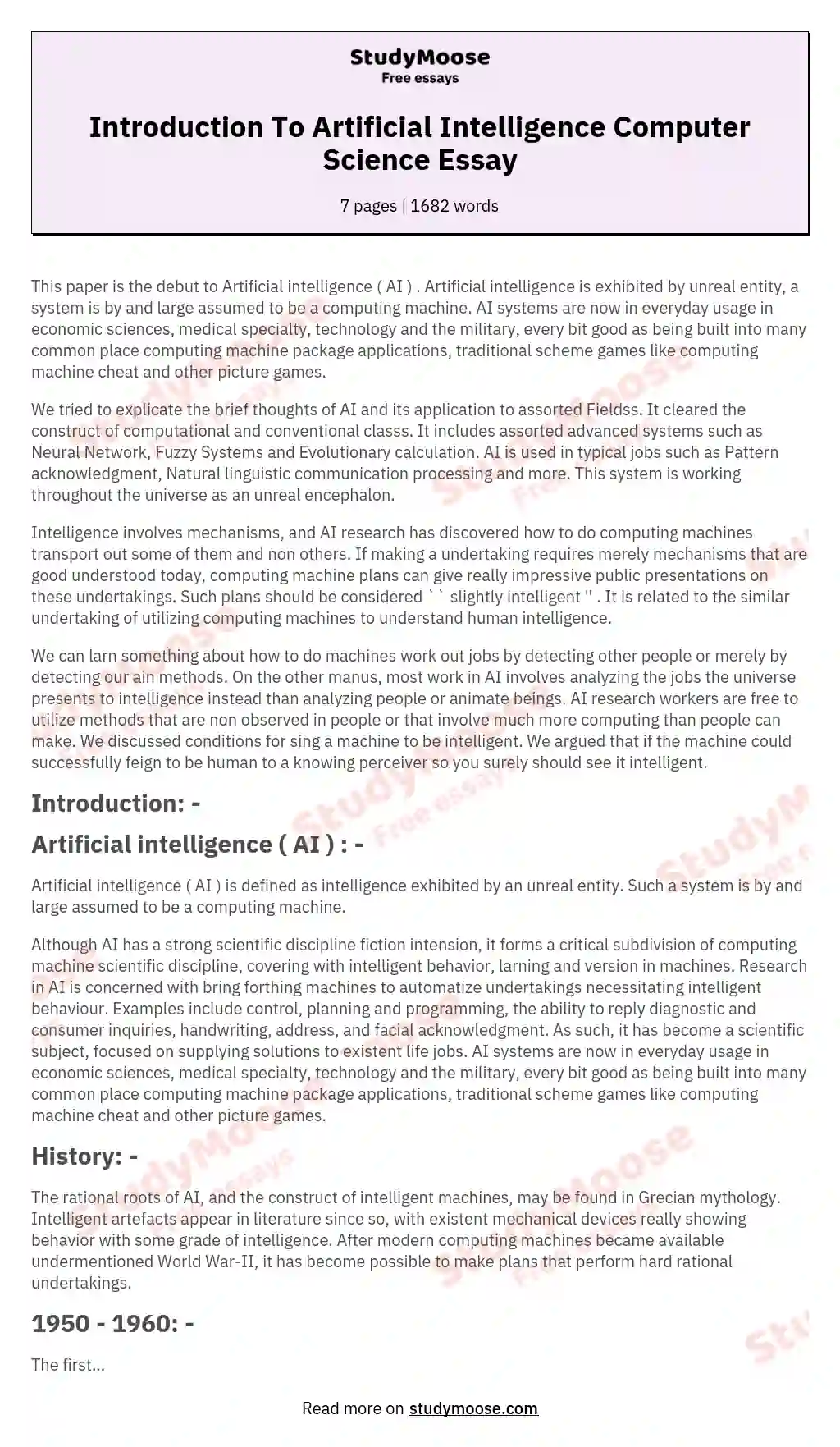 Introduction To Artificial Intelligence Computer Science Essay essay