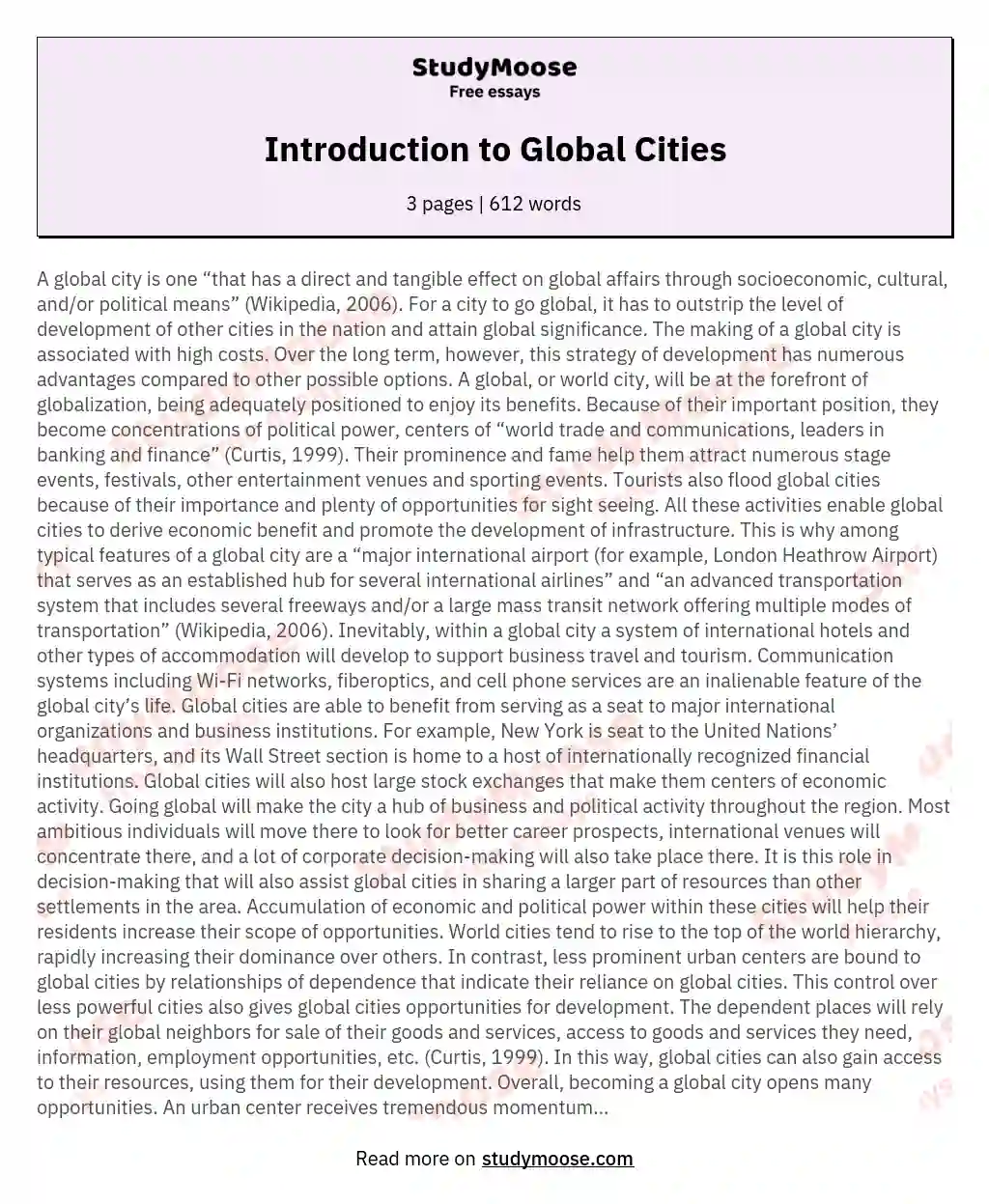 Introduction to Global Cities essay