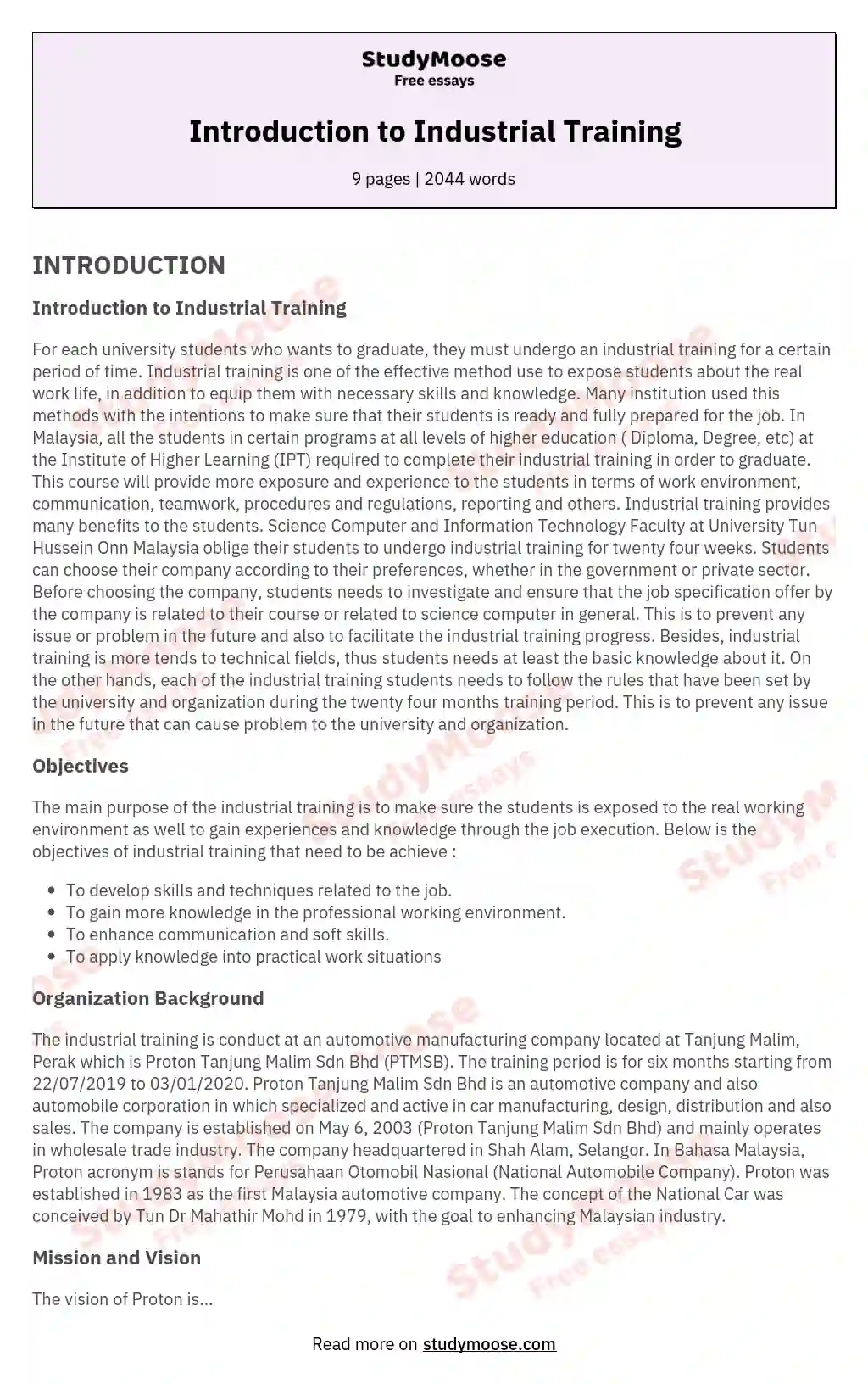 Introduction to Industrial Training essay