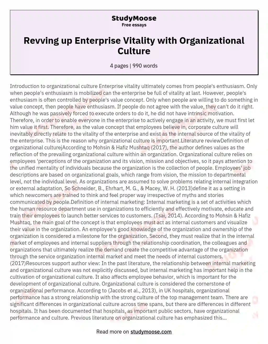 Revving up Enterprise Vitality with Organizational Culture essay