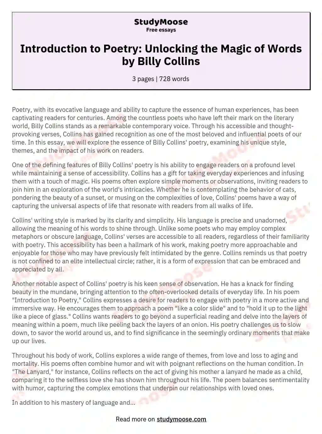 Introduction to Poetry: Unlocking the Magic of Words by Billy Collins essay