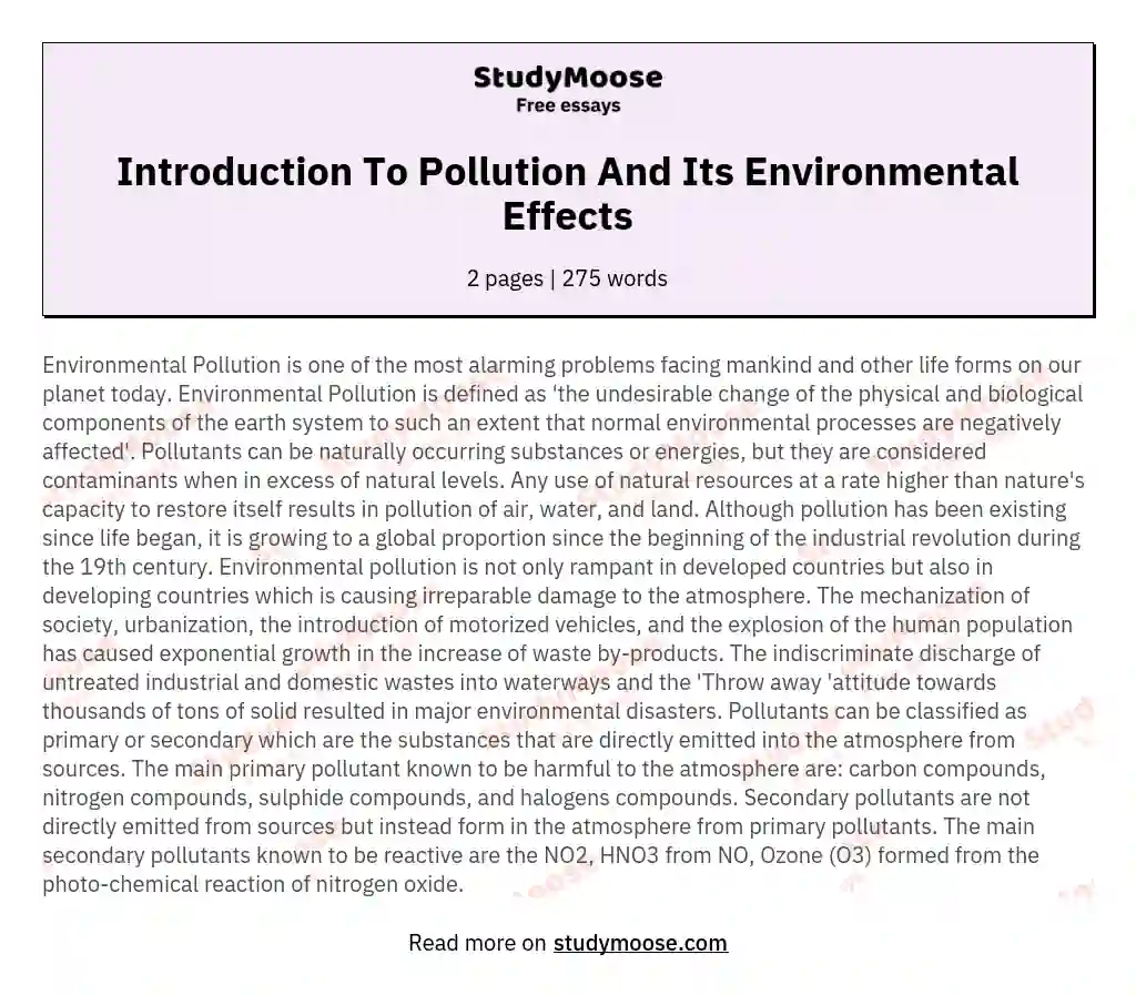 Introduction To Pollution And Its Environmental Effects essay
