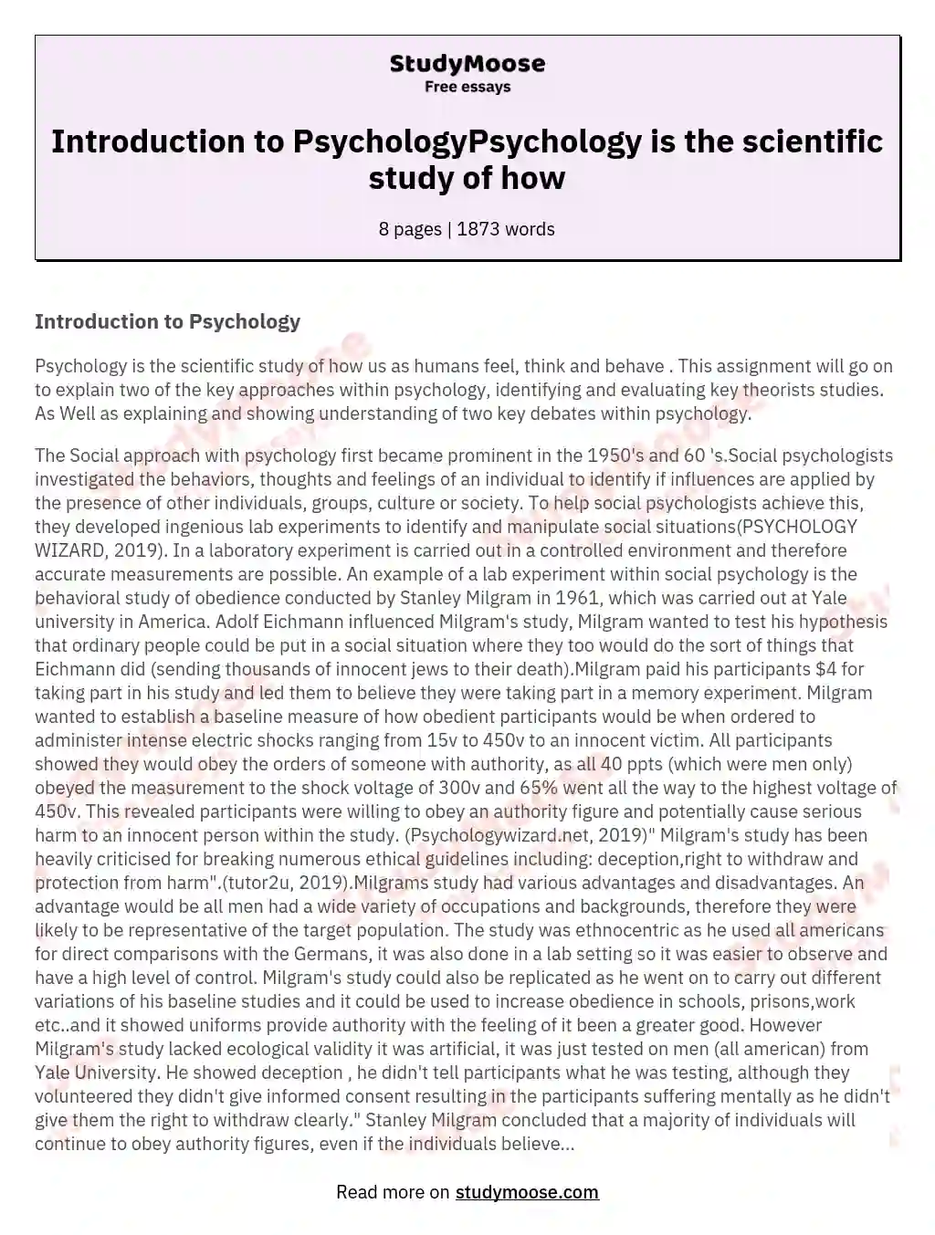 Introduction to PsychologyPsychology is the scientific study of how essay