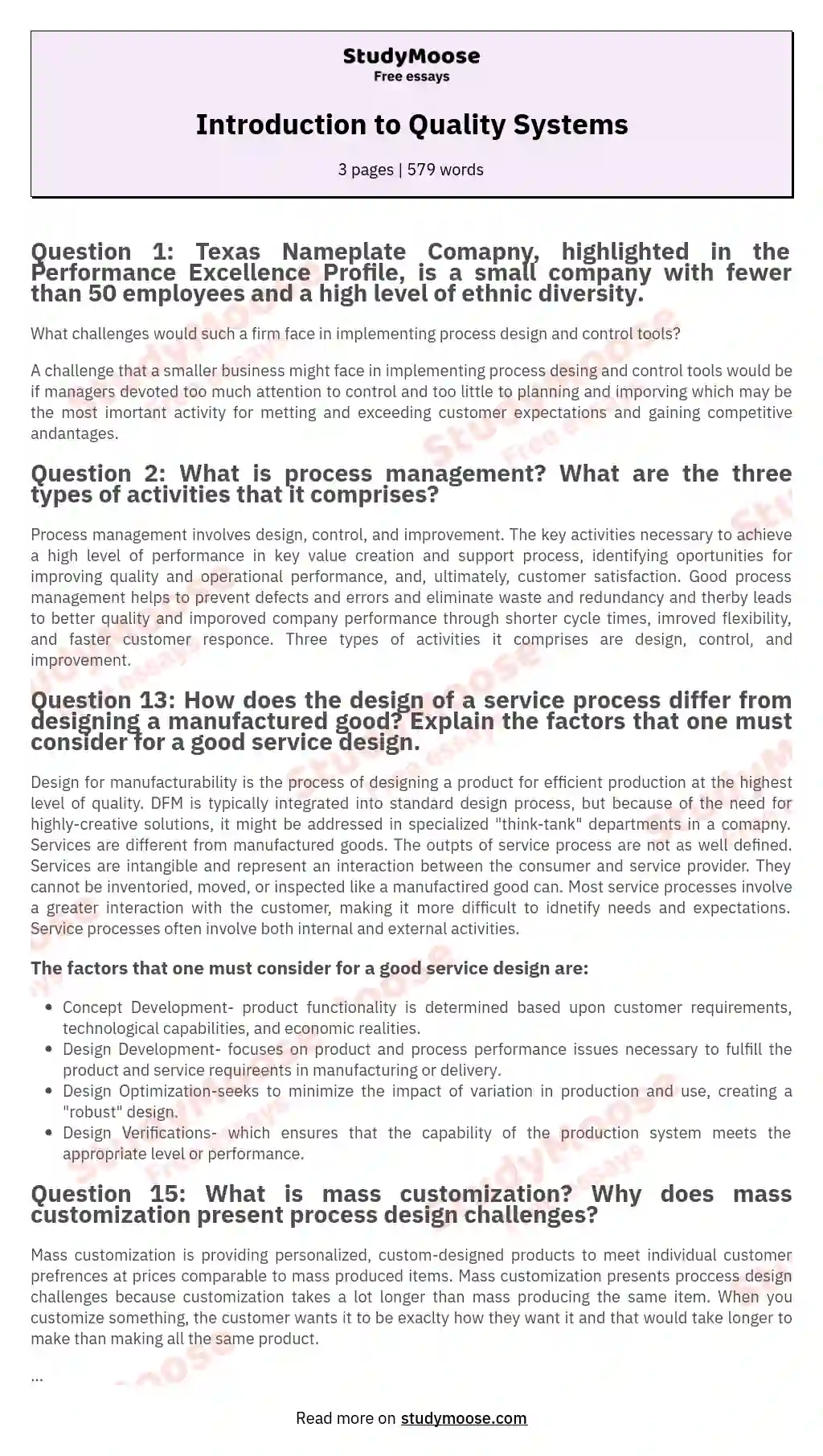 Introduction to Quality Systems essay