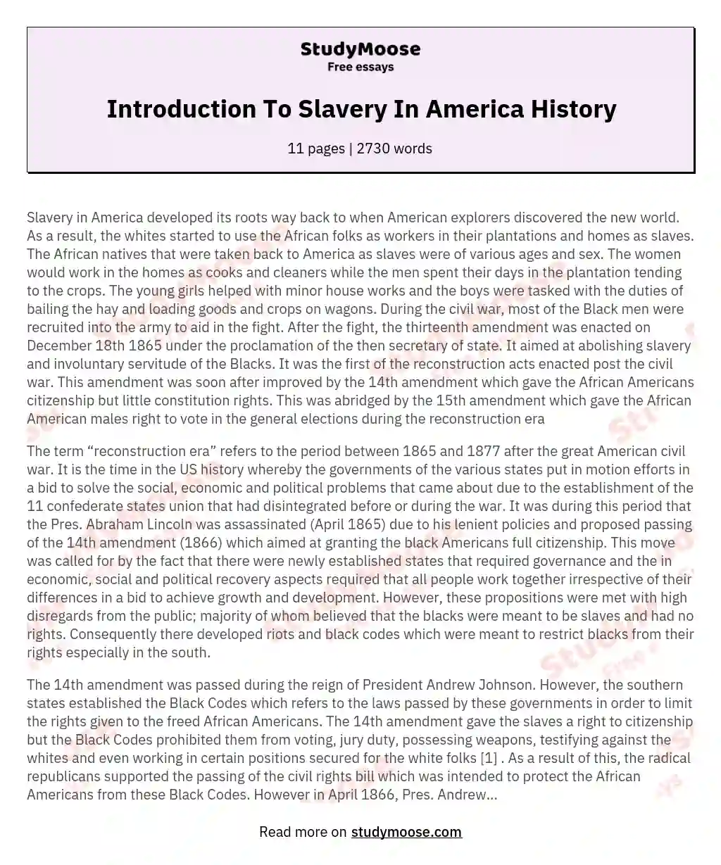 Introduction To Slavery In America History