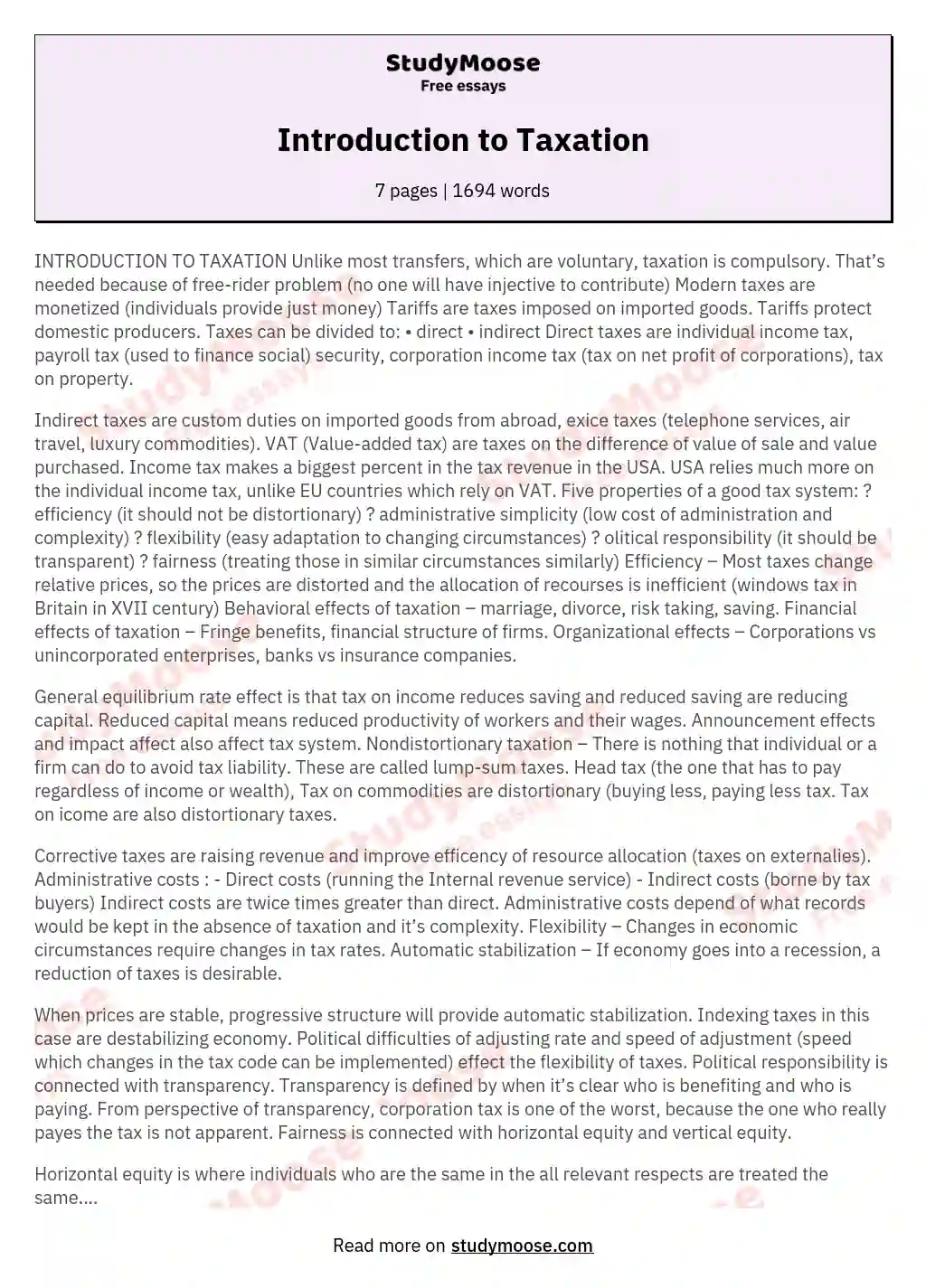 Introduction To Taxation Free Essay Example