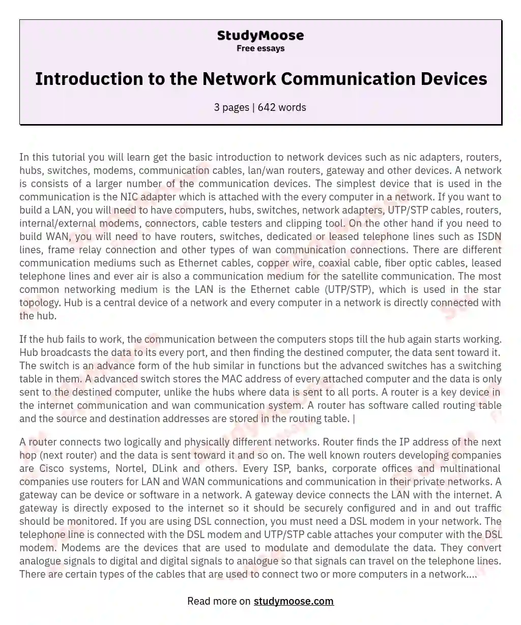 Introduction to the Network Communication Devices essay