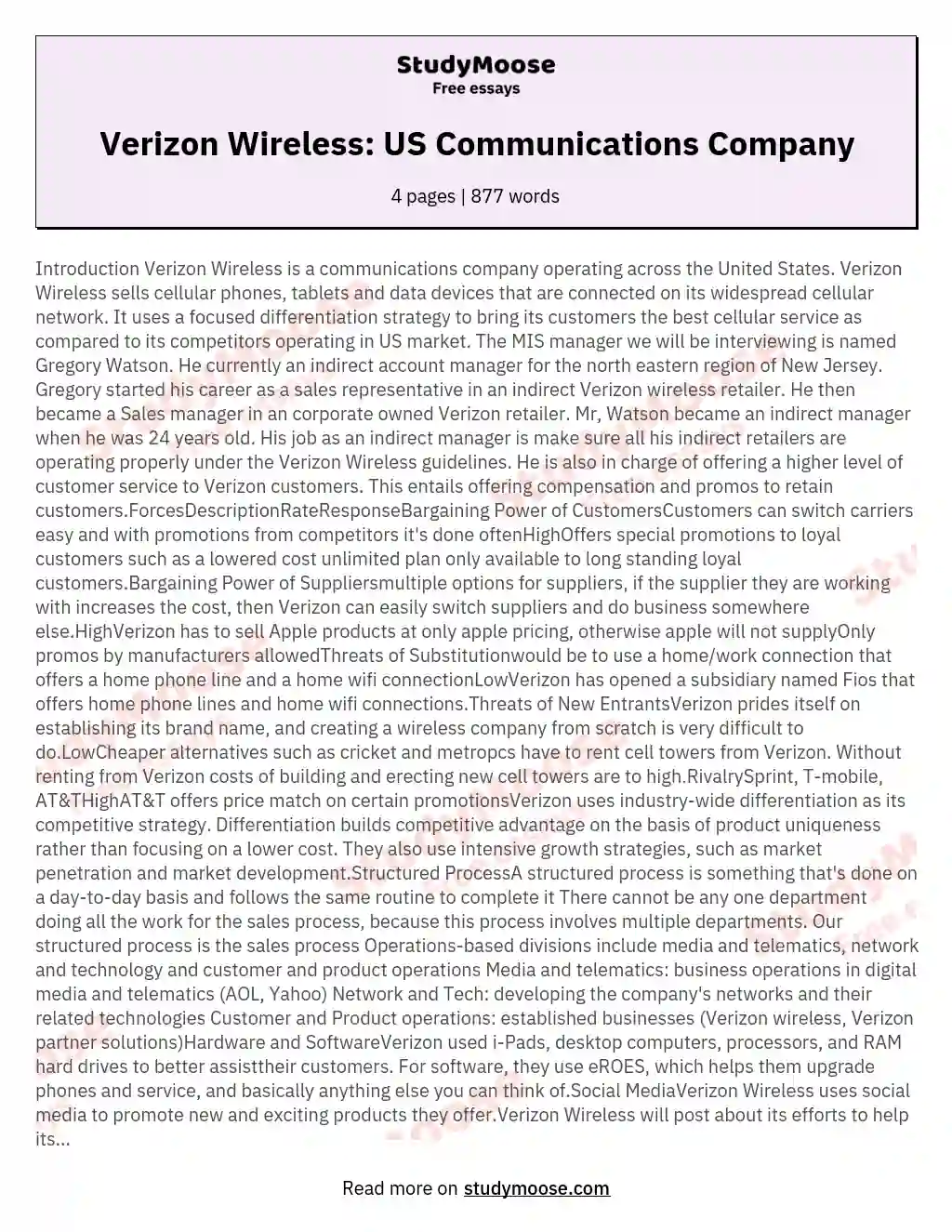 Verizon Wireless: US Communications Company essay