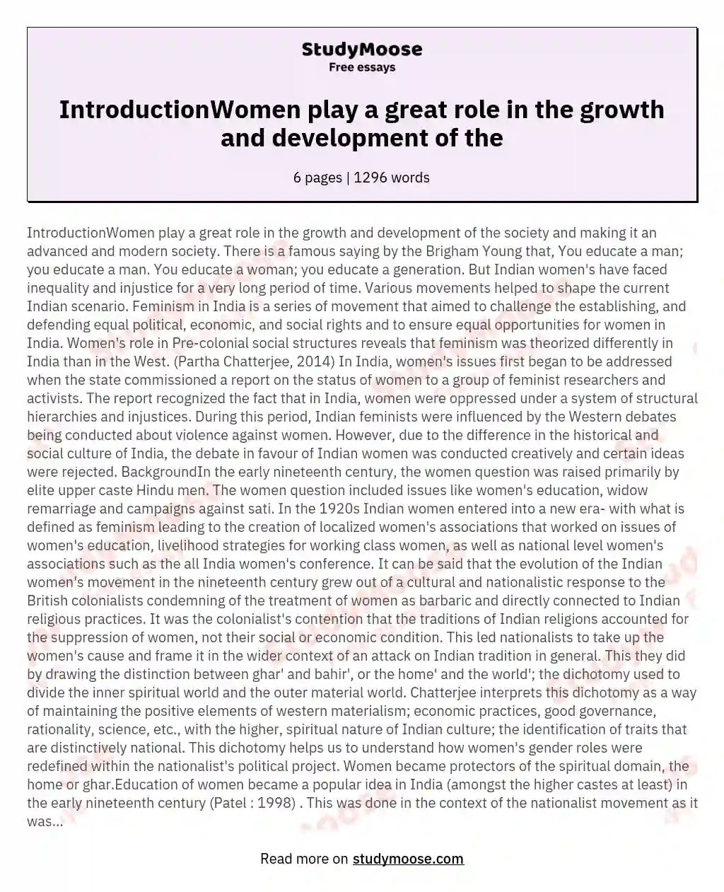IntroductionWomen play a great role in the growth and development of the essay
