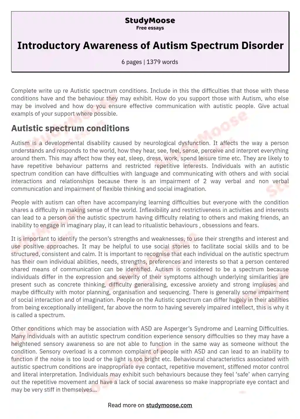 Introductory Awareness of Autism Spectrum Disorder essay