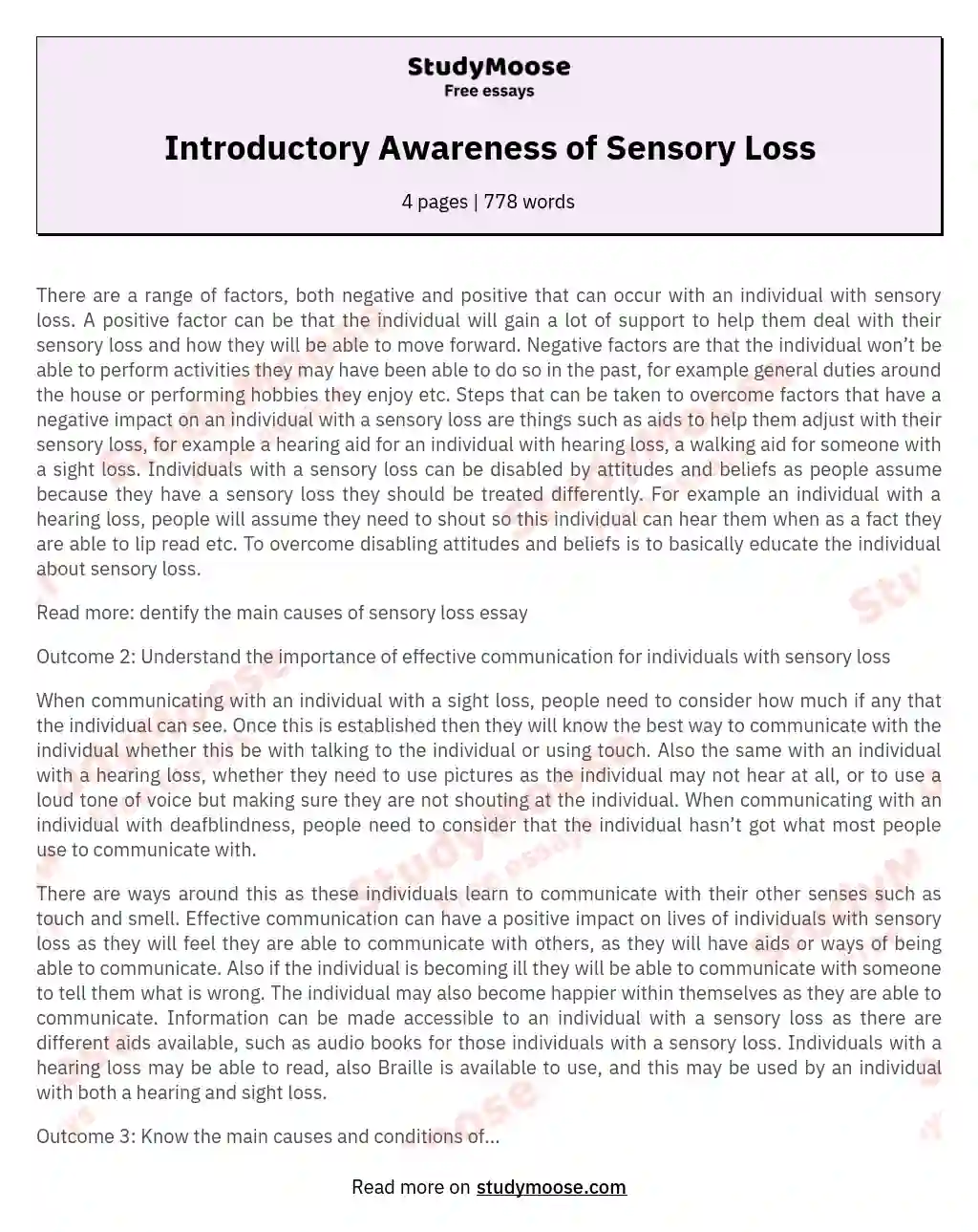 Introductory Awareness of Sensory Loss essay