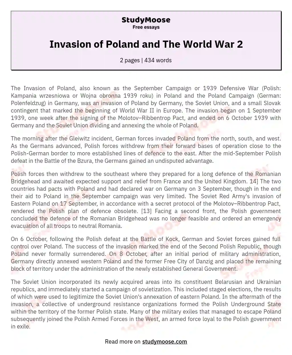 Invasion of Poland and The World War 2 essay