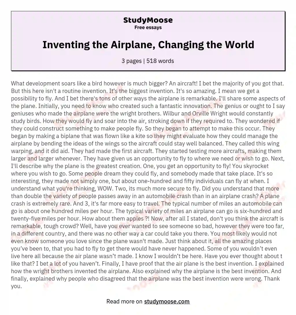 Inventing the Airplane, Changing the World essay