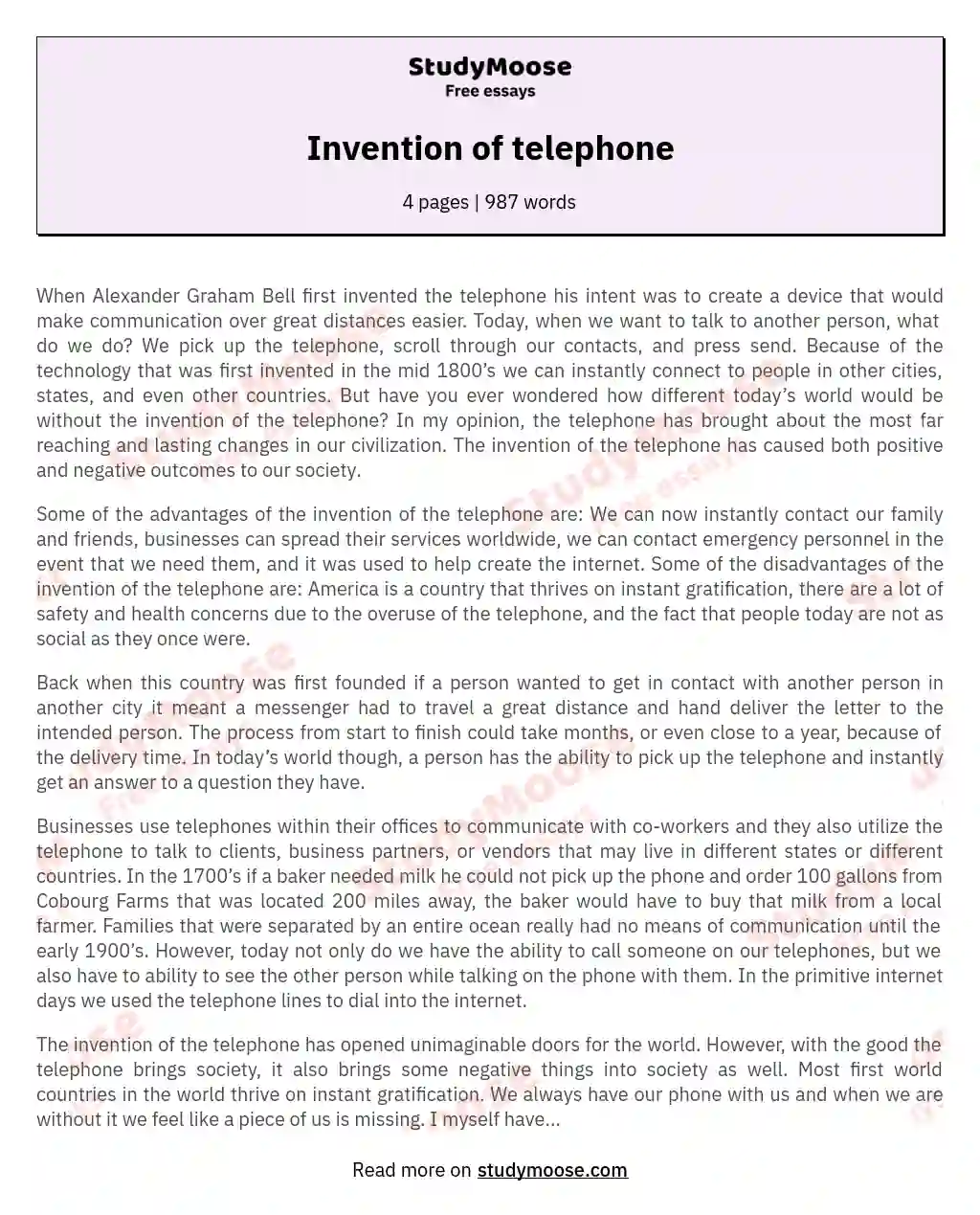Invention of telephone essay