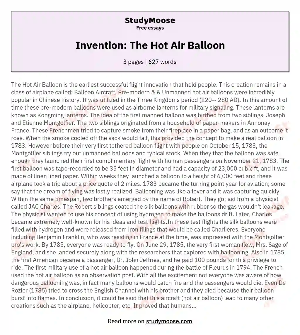 Invention: The Hot Air Balloon essay