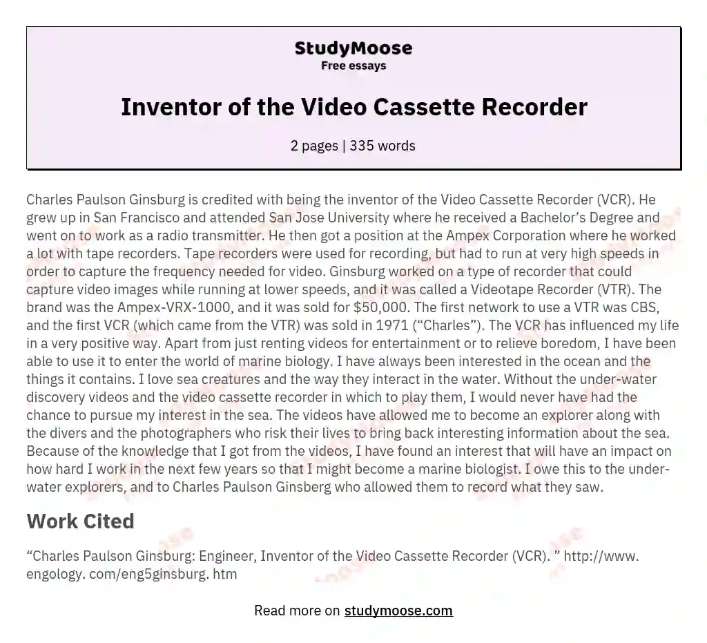 Inventor of the Video Cassette Recorder essay
