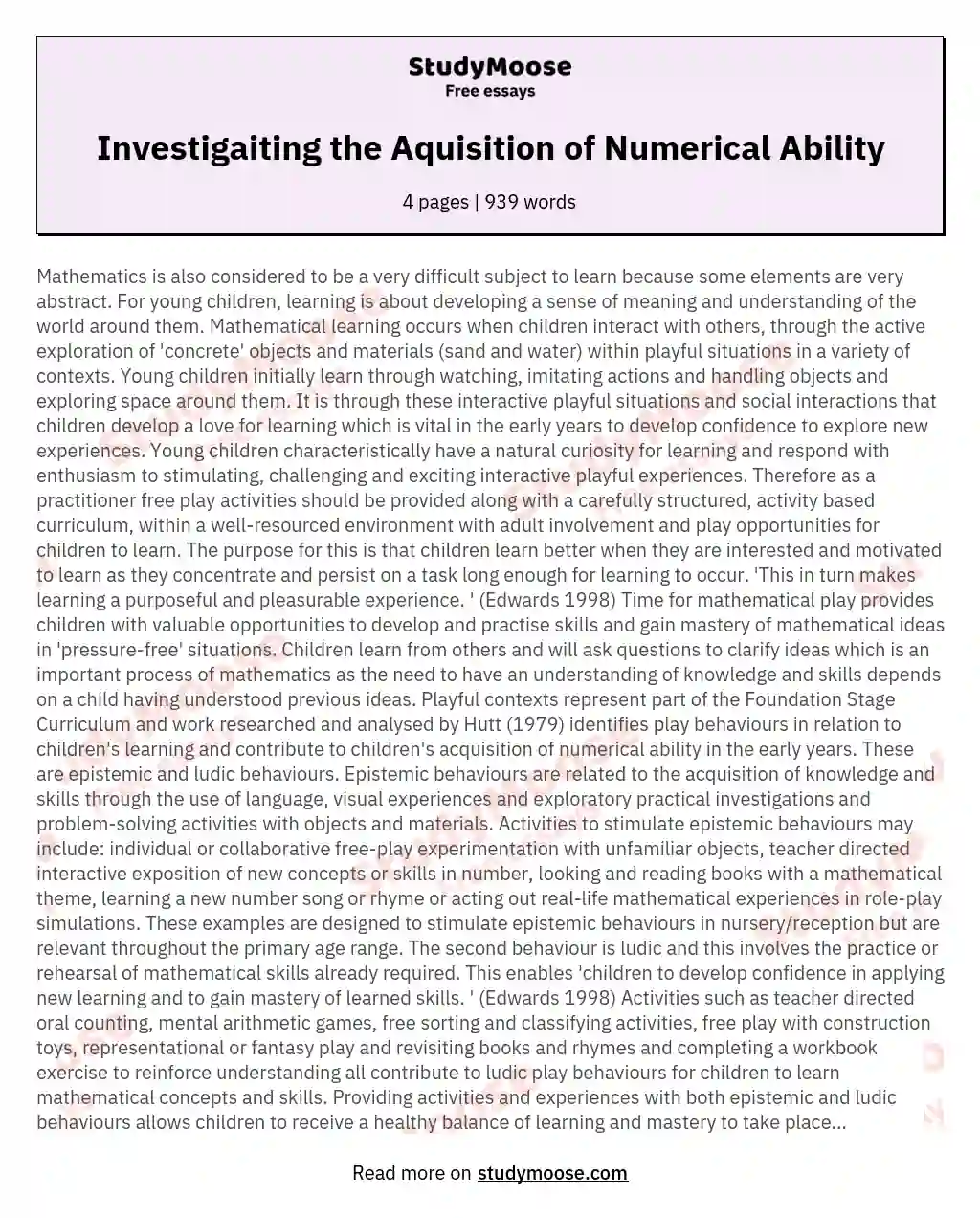 Investigaiting the Aquisition of Numerical Ability essay