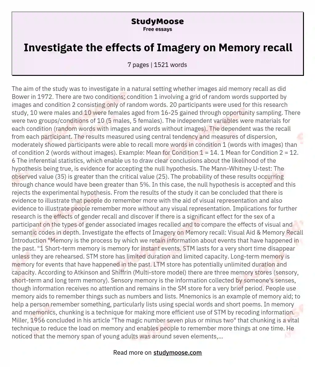 Investigate the effects of Imagery on Memory recall essay