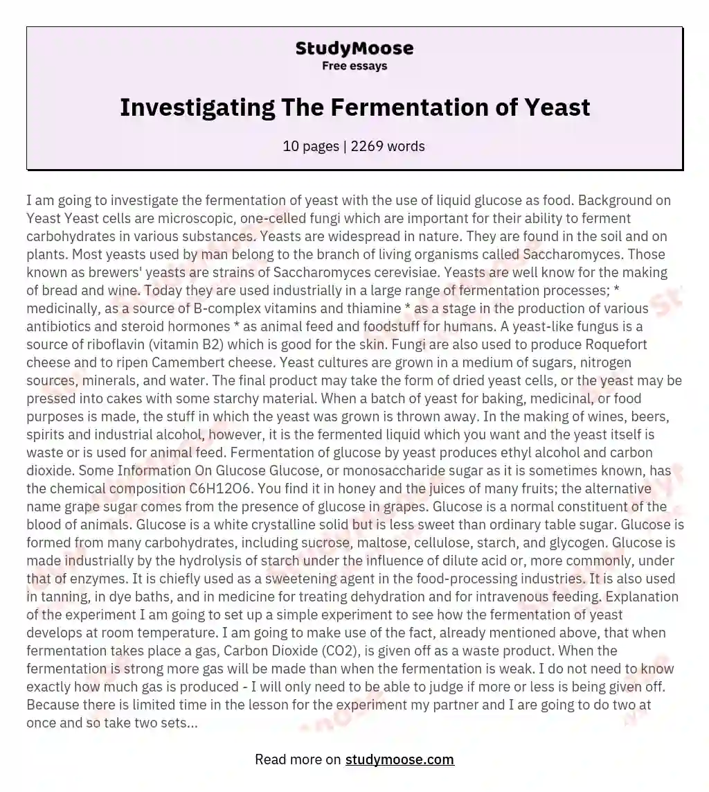 Investigating The Fermentation of Yeast essay