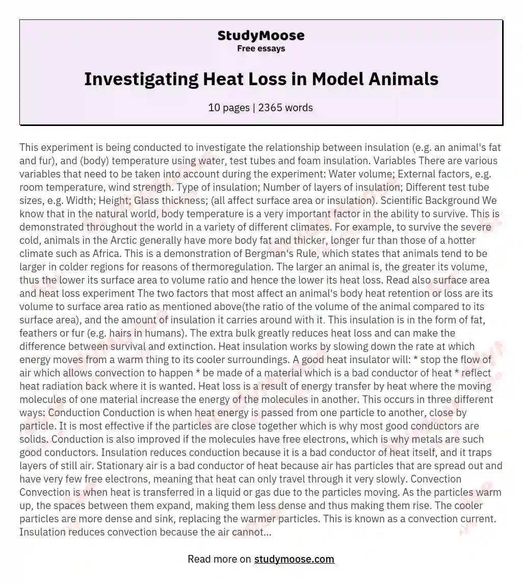 Investigating Heat Loss in Model Animals essay