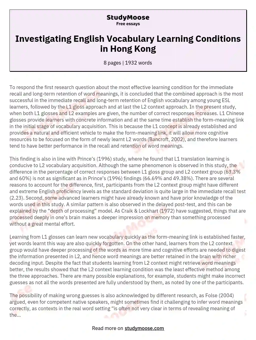 Investigating English Vocabulary Learning Conditions in Hong Kong essay