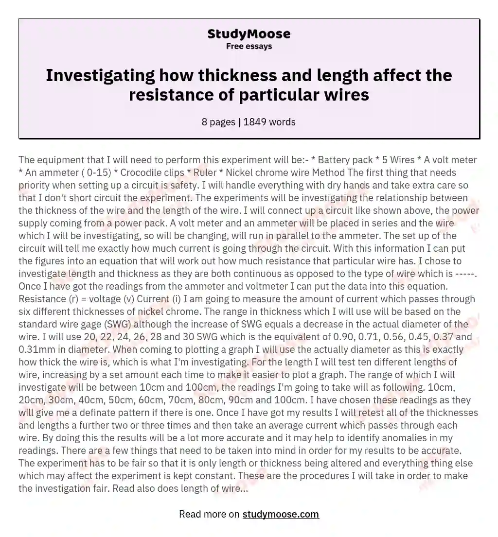 Investigating how thickness and length affect the resistance of particular wires essay