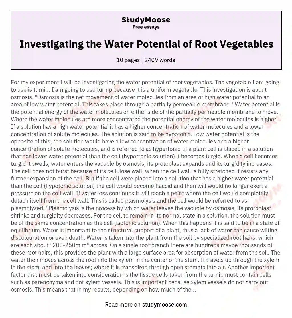 Investigating the Water Potential of Root Vegetables essay