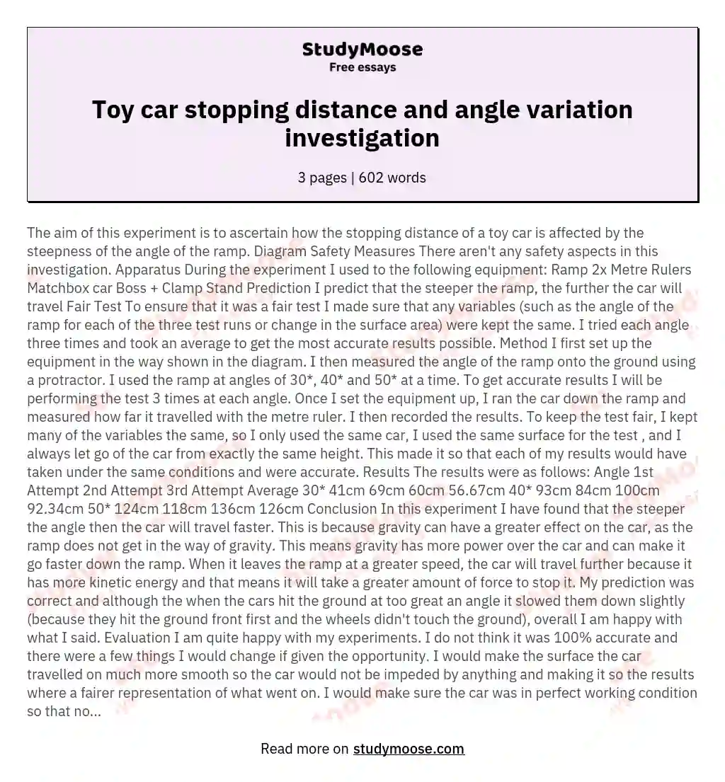 Investigation into the effects of a change of angle on the stopping distance of a toy car