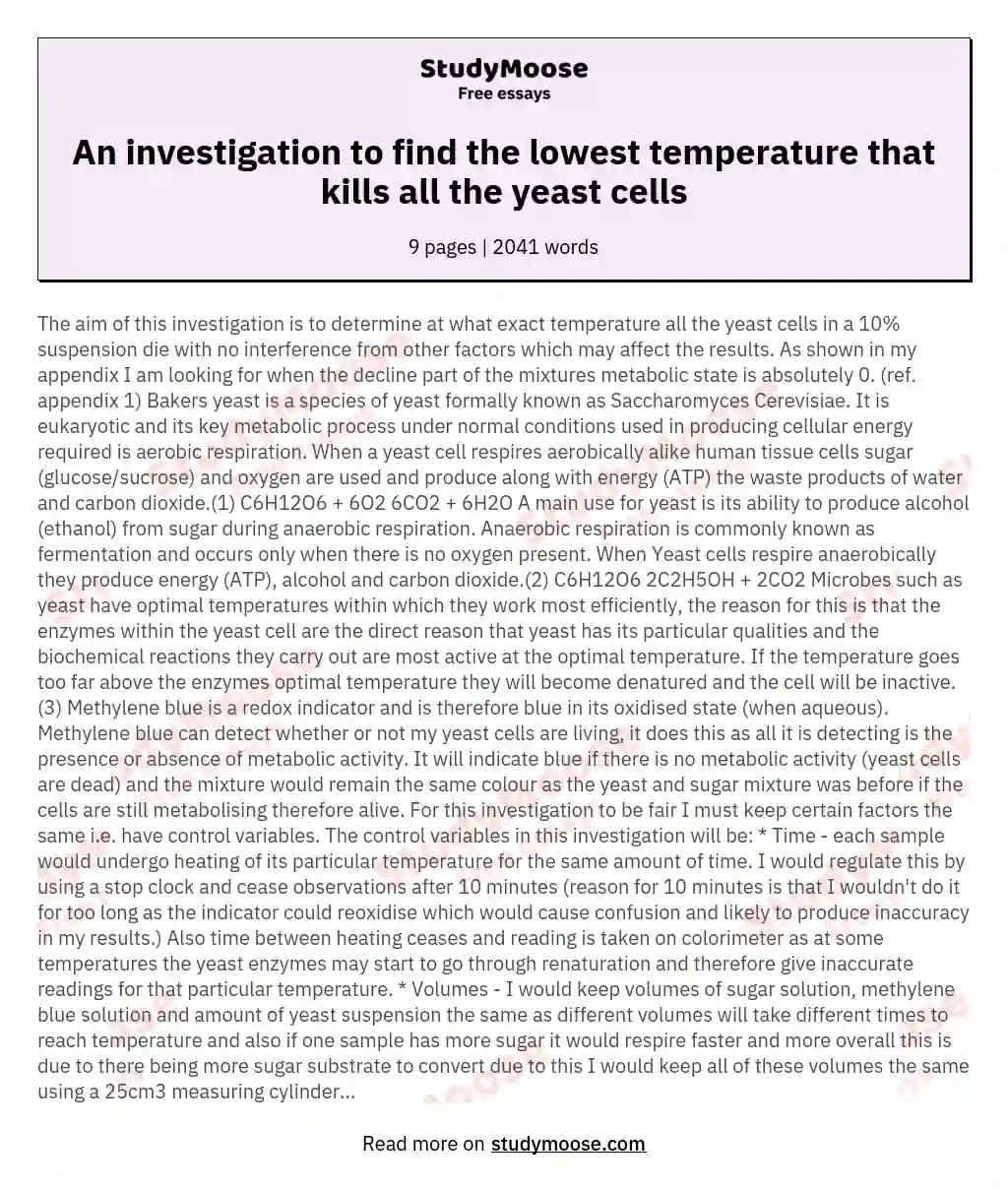 An investigation to find the lowest temperature that kills all the yeast cells essay