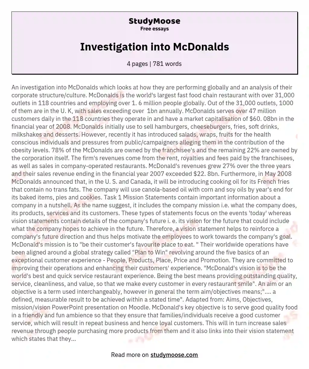 Investigation into McDonalds essay