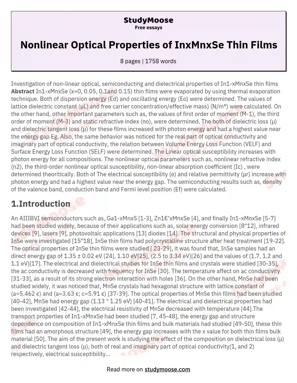 Nonlinear Optical Properties of InxMnxSe Thin Films essay