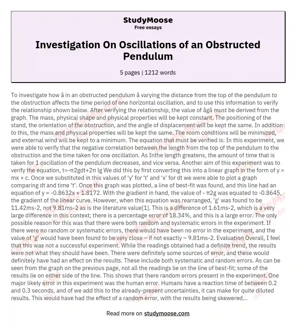 Investigation On Oscillations of an Obstructed Pendulum essay